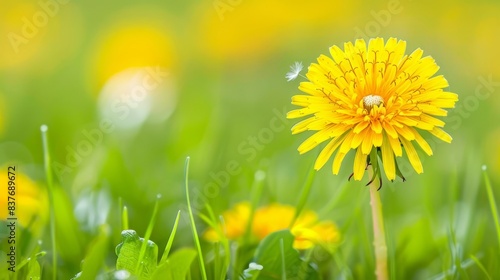  A tight shot of a dandelion among grasses, yellow blooms populating the foreground Atop the flower, a bee perches photo