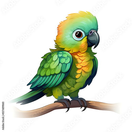 Colorful Parrot Illustration - Vibrant Green and Yellow Parrot with Detailed Feathers Perched on a Branch - High-Quality Digital Artwork for Nature  Wildlife  and Bird Enthusiasts
