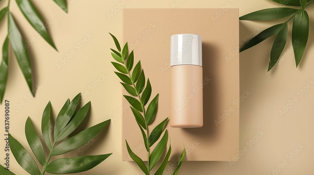 Ego-friendly cosmetics packaging mockup. Natural cosmetics for skin care. Blank craft label. Eco care product. Light background with leaves Ego-friendly cosmetics packaging mockup. Natural cosmetics for skin care. Blank craft label. Eco care product. Light background with leaves