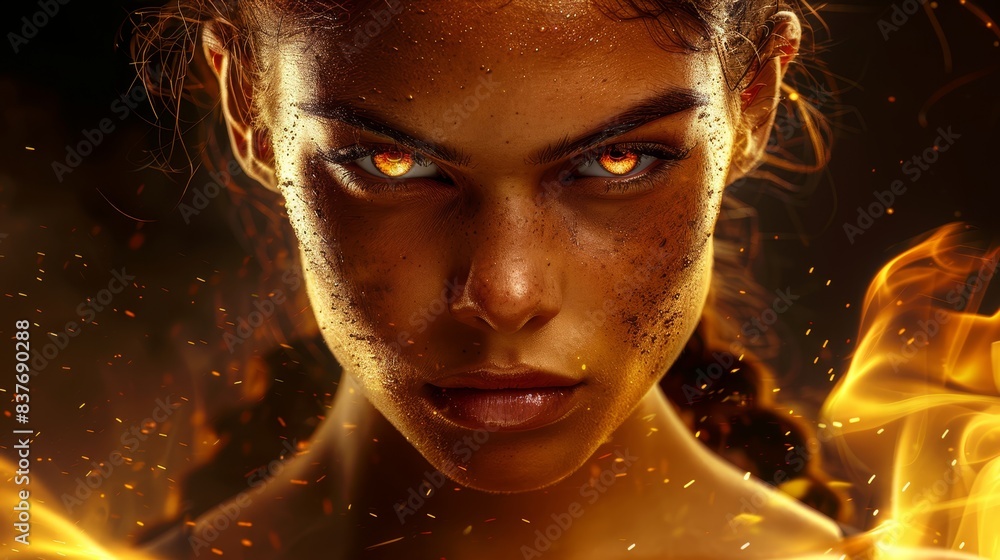 eyes and hair ablaze with yellow fire Surrounded by swirling black fire and smoke; wind tousles unruly locks eyes and hair ablaze with yellow fire Surrounded by swirling black fire and smoke; wind tousles unruly locks