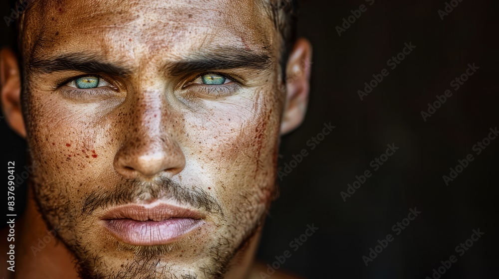 A close-up of a man with freckles scattered across his face, blue eyes prominent A close-up of a man with freckles scattered across his face, blue eyes prominent
