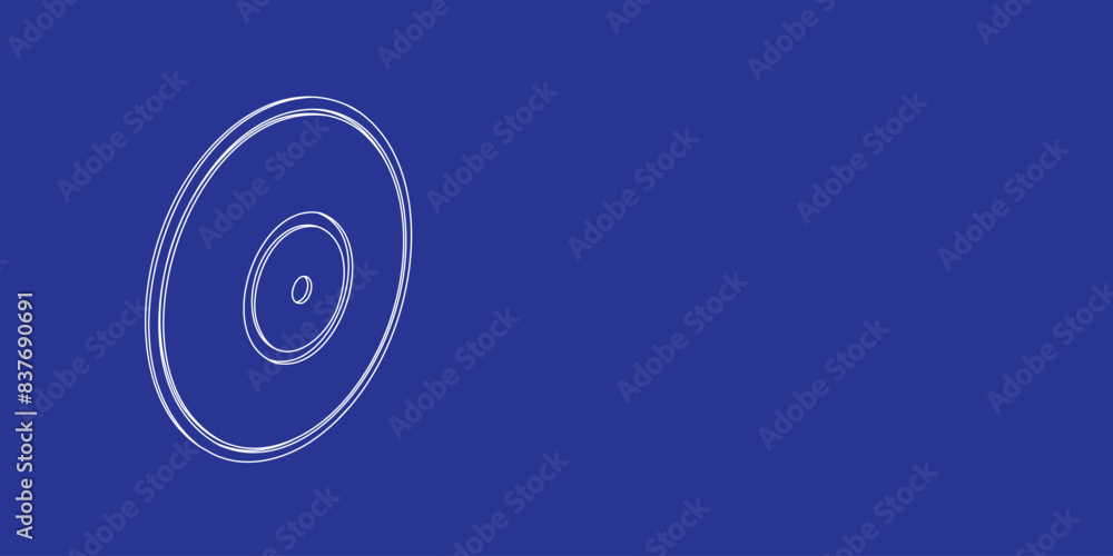 The outline of a large gramophone record symbol made of white lines on the left. 3D view of the object in perspective. Vector illustration on indigo background The outline of a large gramophone record symbol made of white lines on the left. 3D view of the object in perspective. Vector illustration on indigo background