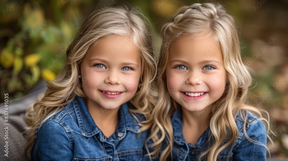 Fototapeta premium Two small girls seated beside each other atop a couch, before a green tree with a blue sky behind