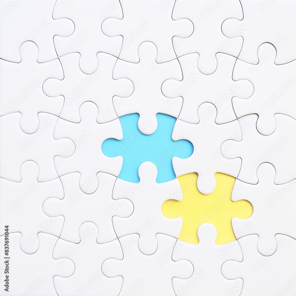 An incomplete white jigsaw puzzle with two missing pieces, each in a different color: blue and yellow An incomplete white jigsaw puzzle with two missing pieces, each in a different color: blue and yellow