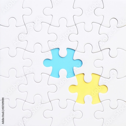 Fotografija An incomplete white jigsaw puzzle with two missing pieces, each in a different c