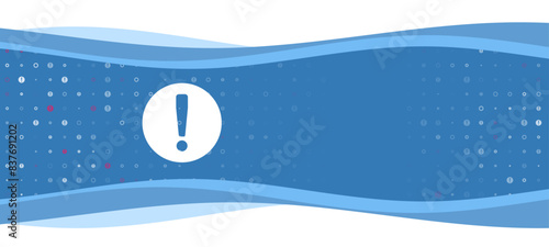Blue wavy banner with a white attention symbol on the left. On the background there are small white shapes, some are highlighted in red. There is an empty space for text on the right side