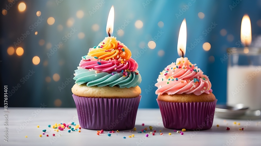 A birthday cupcake with vibrant icing and sprinkles, its candle alight, resting on a table against a light, airy background. A birthday cupcake with vibrant icing and sprinkles, its candle alight, resting on a table against a light, airy background.