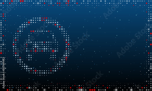 On the left is the no car symbol filled with white dots. Pointillism style. Abstract futuristic frame of dots and circles. Some dots is red. Vector illustration on blue background with stars