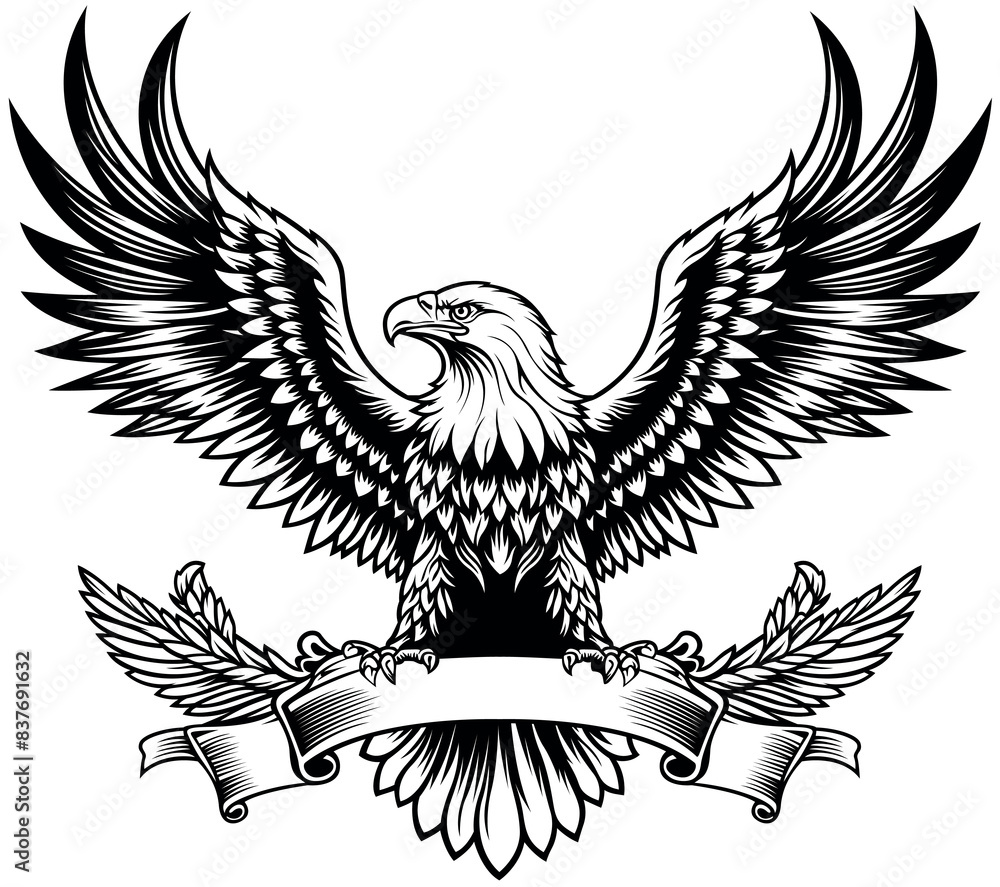 Obraz premium Drawing of Bald Eagle with Outstretched Wings with Banner