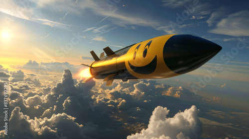 Playful Missile: Smiley-Faced Rocket Soaring Through the Sky photo