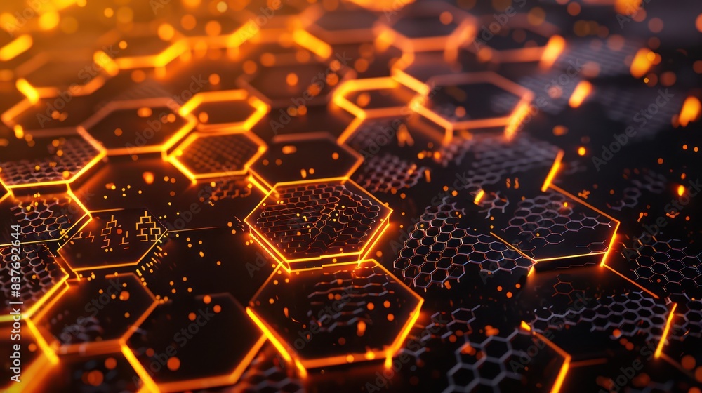 Hexagon honeycomb shape golden light technology background Hexagon honeycomb shape golden light technology background