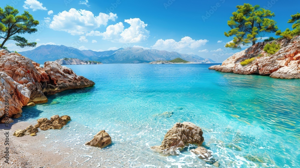 A body of water features rocks and trees in the foreground, a mountain range in the distance, and a blue sky with white clouds overhead A body of water features rocks and trees in the foreground, a mountain range in the distance, and a blue sky with white clouds overhead