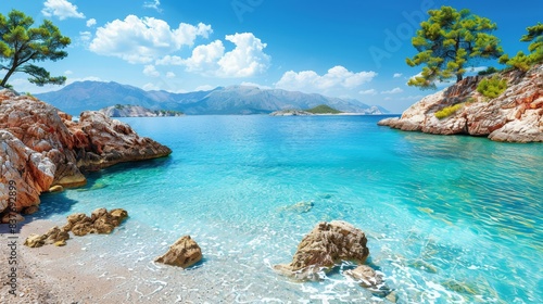  A body of water features rocks and trees in the foreground, a mountain range in the distance, and a blue sky with white clouds overhead
