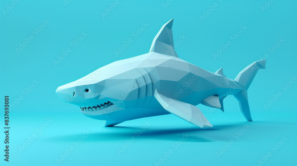 A creative and artistic depiction of a blue paper craft shark against a uniform blue background. A creative and artistic depiction of a blue paper craft shark against a uniform blue background.