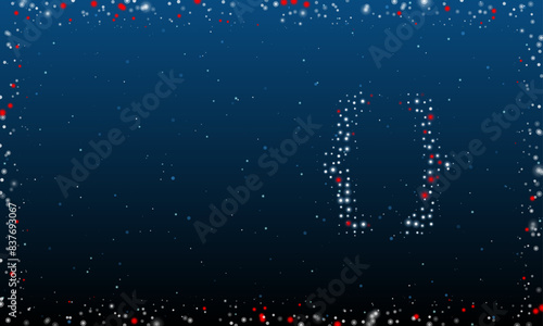 On the right is the curly brackets symbol filled with white dots. Pointillism style. Abstract futuristic frame of dots and circles. Some dots is red. Vector illustration on blue background with stars