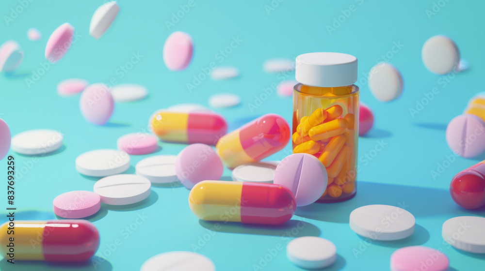 A variety of medication pills and capsules scattered around a bottle, representing healthcare and pharmaceutical concepts. A variety of medication pills and capsules scattered around a bottle, representing healthcare and pharmaceutical concepts.