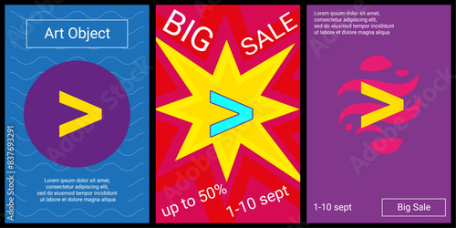 Trendy retro posters for organizing sales and other events. Large greater symbol in the center of each poster. Vector illustration on black background