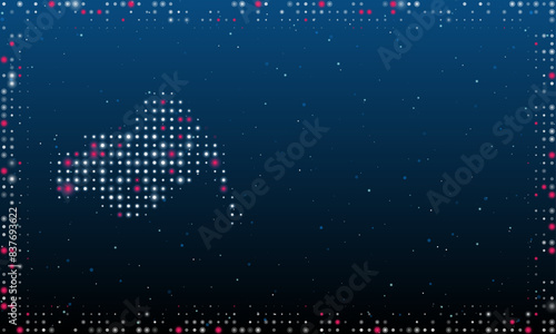 On the left is the vise symbol filled with white dots. Pointillism style. Abstract futuristic frame of dots and circles. Some dots is pink. Vector illustration on blue background with stars