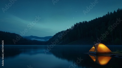 An adventure camping scene featuring an illuminated tent by the tranquil shore of a calm lake under a starry night sky