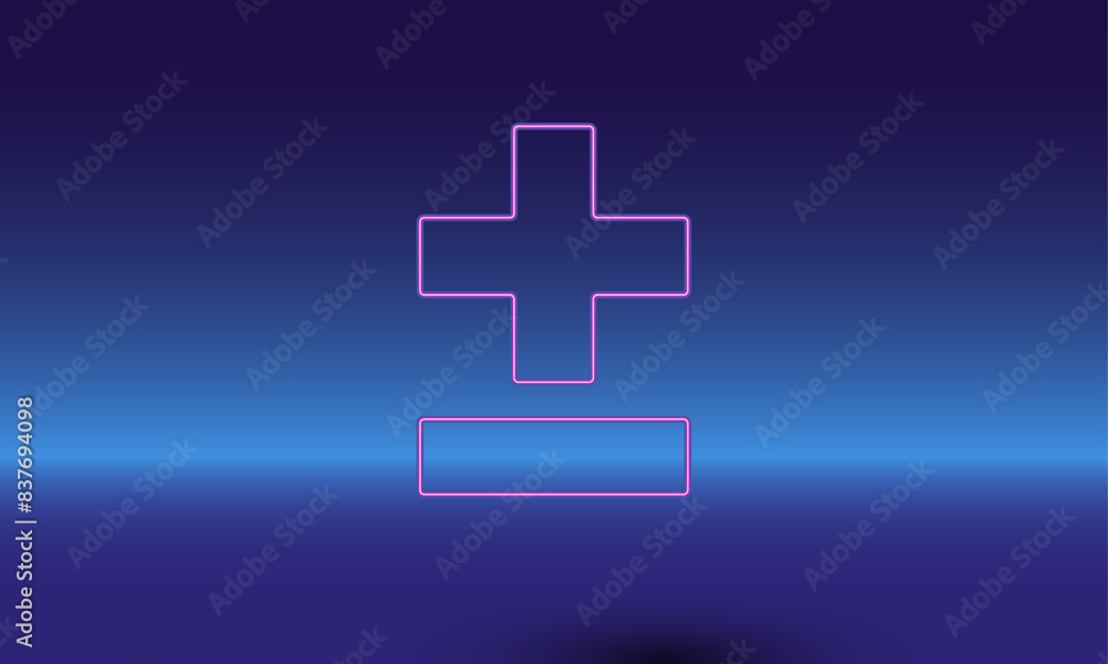 Neon plus–minus symbol on a gradient blue background. The isolated ...