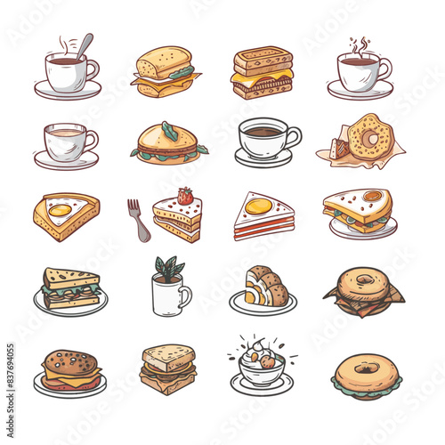 a set of simple line stroke illustrations showing a variety of bread pastry cake sandwiches coffee tea omelette bagel