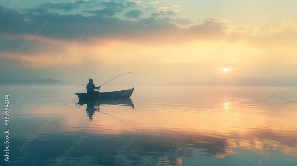 A fisherman on a boat in tranquil waters casting his line into the golden sunrise reflecting on the lake A fisherman on a boat in tranquil waters casting his line into the golden sunrise reflecting on the lake