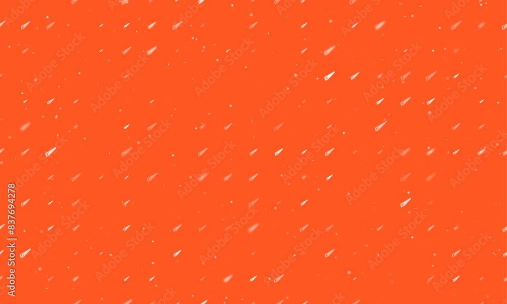 Seamless background pattern of evenly spaced white hand saw symbols of different sizes and opacity. Vector illustration on deep orange background with stars Seamless background pattern of evenly spaced white hand saw symbols of different sizes and opacity. Vector illustration on deep orange background with stars