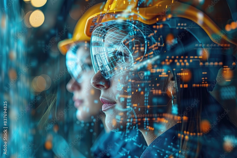 Engineers using augmented reality in the digital industry, merging technology with real-world applications for innovative solutions. Engineers using augmented reality in the digital industry, merging technology with real-world applications for innovative solutions.
