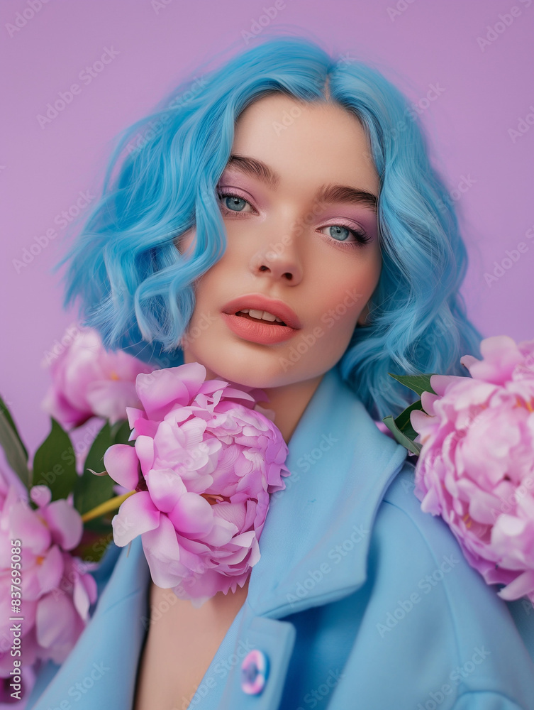A beautiful woman with blue hair wearing an oversized pastel blue coat and pink peonies on her shoulders on a purple background. Minimal spring concept.