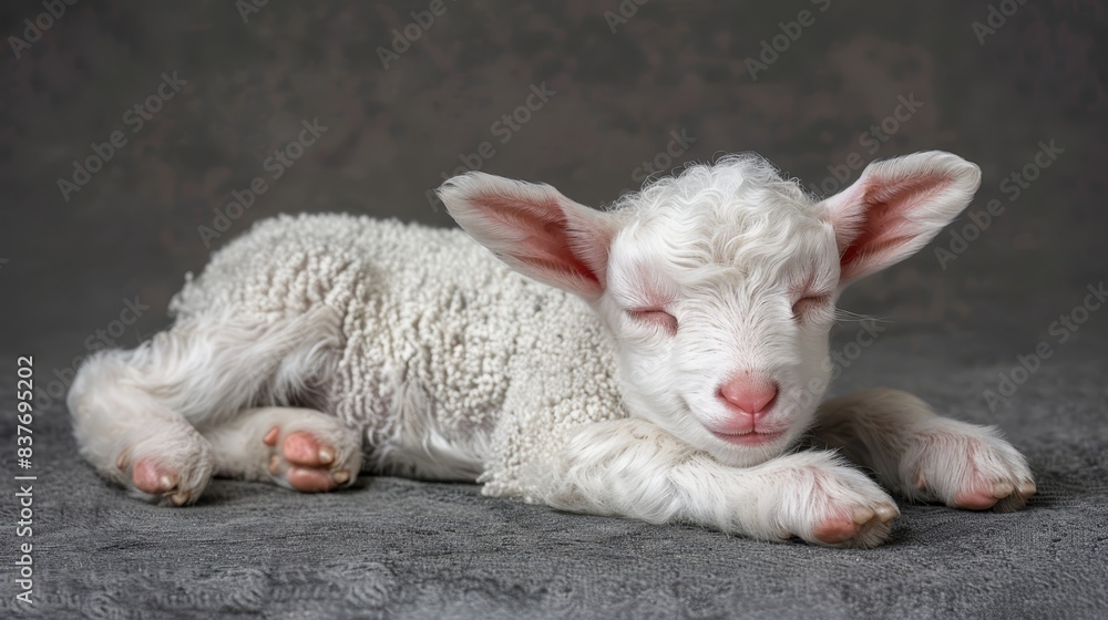 Fototapeta premium A close-up of a baby sheep resting on a bed, its head on its mother's back, with closed eyes