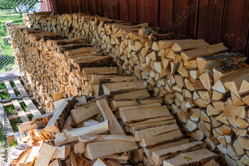 Lots of stacked firewood in Swedish garden photo