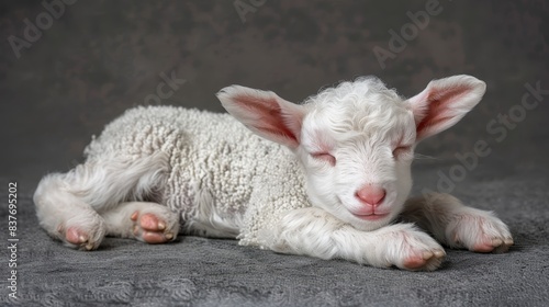  A close-up of a baby sheep resting on a bed, its head on its mother's back, with closed eyes