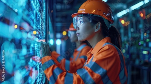 Female engineer wearing a hard hat and orange safety jackets, working on high-tech control panels in an industrial setting.