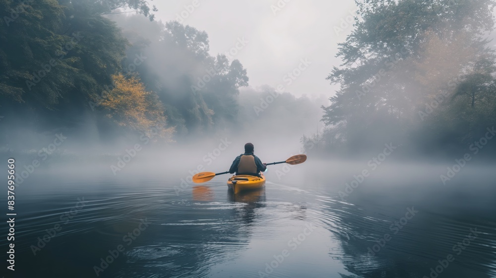 A serene image of a person kayaking alone through the mist on a calm river, with trees faintly visible in the background