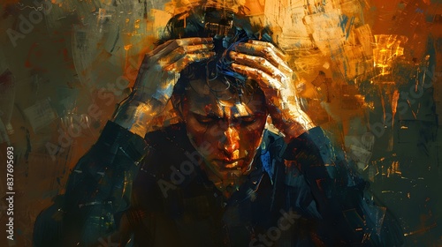Man holding his head in anguish photo