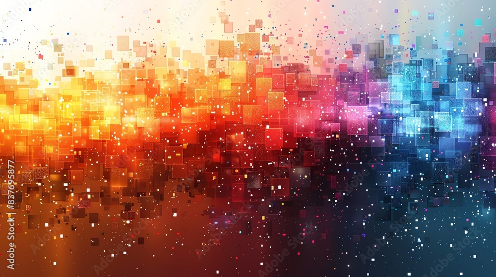 Editorial-style vector illustration of an abstract background with colorful pixel blocks, forming a digital grid pattern with rainbow squares, ideal for web, print, and social medi Editorial-style vector illustration of an abstract background with colorful pixel blocks, forming a digital grid pattern with rainbow squares, ideal for web, print, and social medi