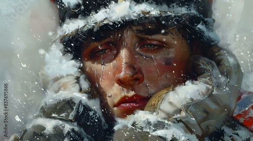Portrait of a young man in a fur hat with tears in his eyes