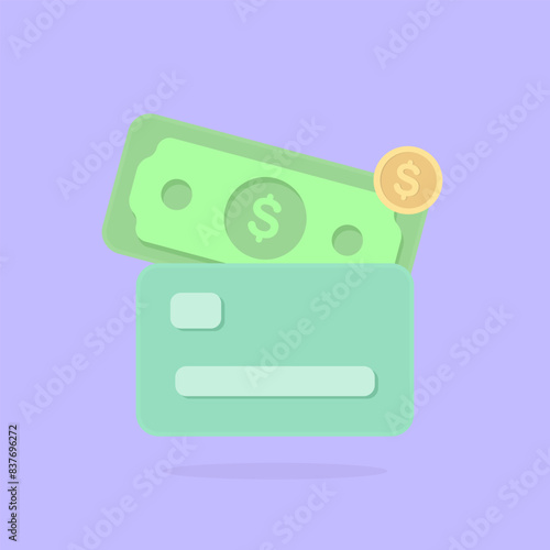 Credit card,  coins and Banknotes. money transfer. Financial transactions. vector
