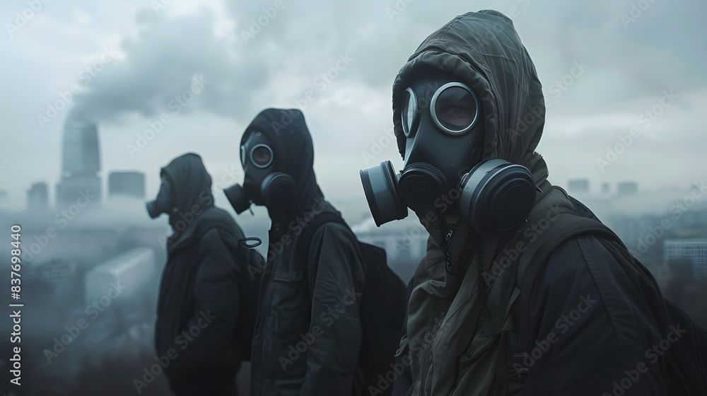 People in gas masks against the background of an explosion, smoke People in gas masks against the background of an explosion, smoke