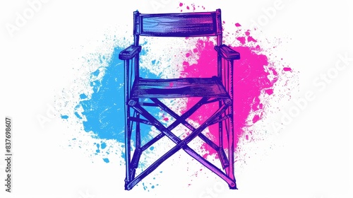  A director's chair sporting a backrest splashed with pink and blue hues, seat touching the back