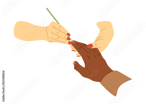Specialist with nail tools making manicure for client. Manicurist filing nails with a file. Vector in flat style. Male manicure, trendy nails. Wellness and therapy at manicurist.