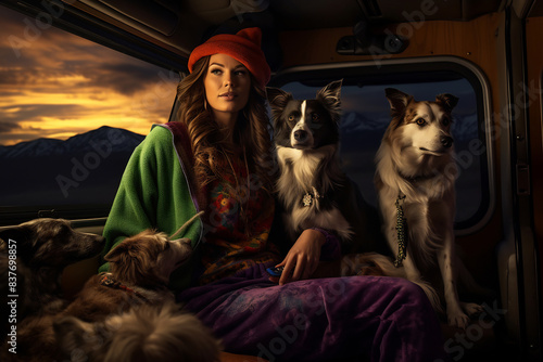 Woman sitting on train with two dogs
