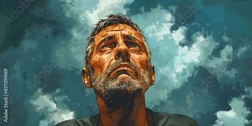 An illustration of a man looking up at the sky