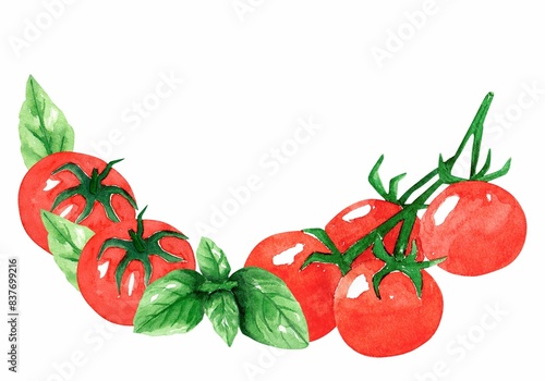 Frame from red tomato cherry, peppercorns and green basil on white background. Watercolor illustration. Vegetables and herbs for cooking delicious dishes. Template for design banner, cards, flyers.