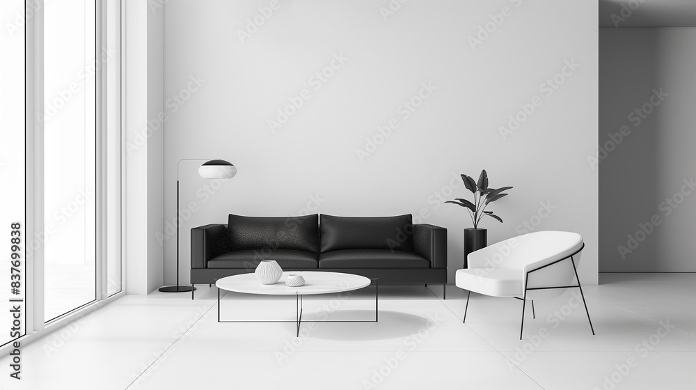 Elegant minimalist living room, contrast between dark furniture and the bright space and decorative plants. Elegant minimalist living room, contrast between dark furniture and the bright space and decorative plants.