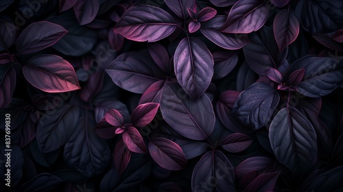  A tight shot of purple leaves against a black backdrop Red and green leaves overlap the lower portions of the purple leaves  while the upper halves are concealed from view