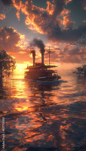 Vertical recreation of ancient steamboat crossing a river at sunset