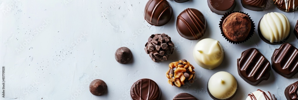 Assortment of chocolates on white surface Assortment of chocolates on white surface