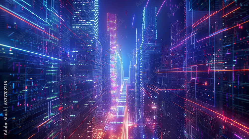 A cityscape with neon lights and buildings in the background A cityscape with neon lights and buildings in the background