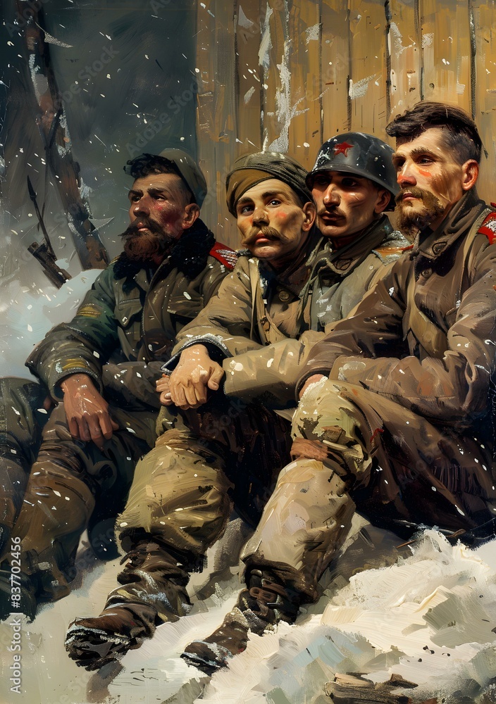 A painting by Vasily Nemytsky titled Break in the Trenches A painting by Vasily Nemytsky titled Break in the Trenches